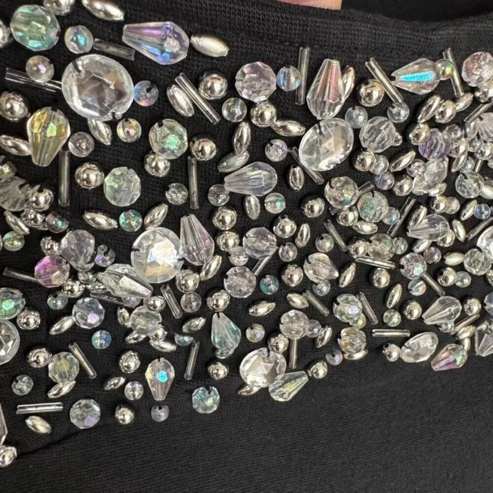 80s Rare Vintage Contempo Casuals Beaded Bust Black Long Sleeve Crop Top Size M